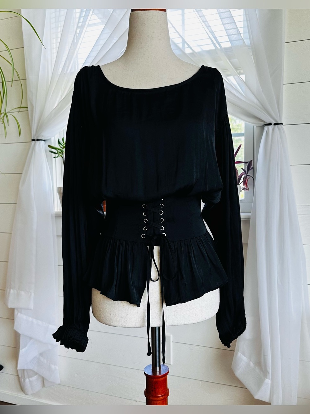 All Row Black Satin Corset Style Blouse with low-scoop open back Size Small